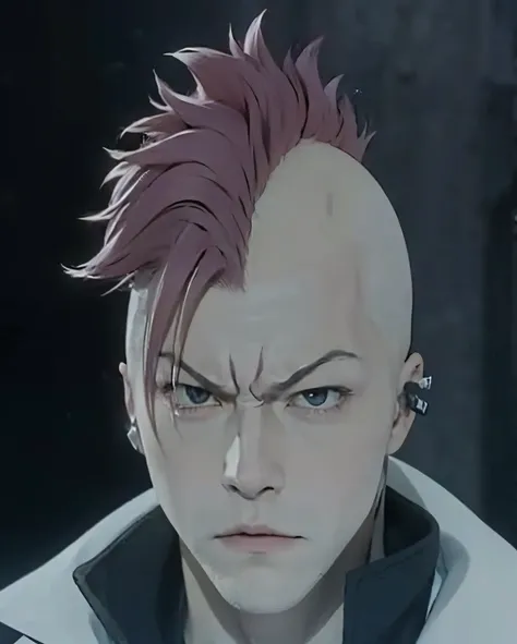 a close up of a angry person with a pink hair and a white jacket, roguish smirk, portrait of hisoka hunter hunter, white mohawk, trigger anime artstyle, with a mohawk, joker looks like naruto, hisoka, anime character, screenshot from a 2012s anime, style o...