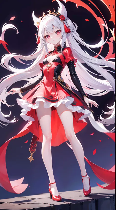 A beautiful and charismatic loli character，Her appearance is very eye-catching。Has long silky hair，And a pair of big bright eyes，Her face is delicate，It gives a gentle and elegant feeling。Additionally，Hellfire background，Fire red dress，thedemongirl，Hellfir...