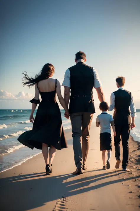 the family with dad and mom and son, dad in vest black, mom in dress white, son in vest, they hold hand and walk towards the horizon