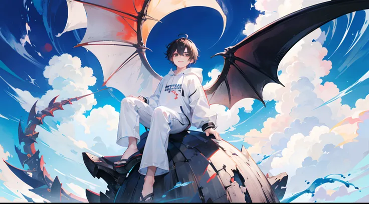 1 boy sitting on 1 huge flying dragon, white hoodie black denim pant, beautiful sky, Smiling face, Brown eyes, flying with dragon, clouds, 8k, ultra High Resolution, epic anime 8k,