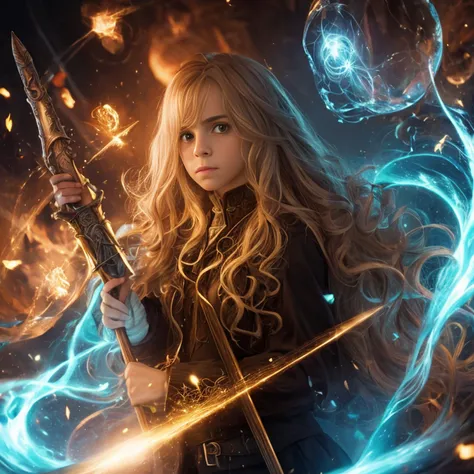 hermione granger, em hogwarts, efeitos de magia, magic wand in hand, espectro do patrono, super detalhado, realista, fantasia