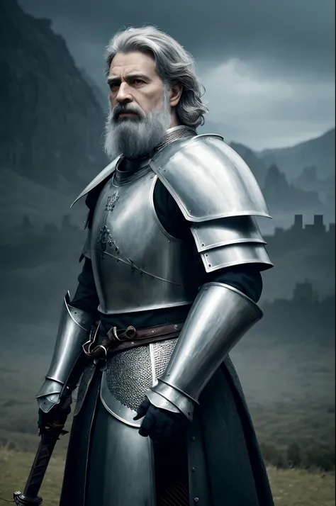 photorealistic, top quality, masterpiece, cinematic composition, slow motion, (medium shot of a medieval knight, sombre and weathered face, beard, grey hair:1.2), chain mail and plate armour, (realistic and detailed|intricate armour:1.1), (visible face:1.3...