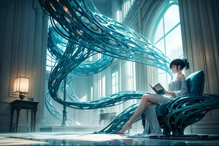 "Generate a striking and imaginative scene featuring a young girl in a futuristic biomorphic living room. The living room should have an organic, otherworldly design, with furniture and elements that resemble natural forms, such as plant-like chairs, biomo...