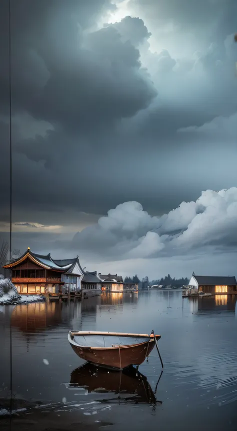 violent storm，dark stormy clouds，snow mountains，Chinese architecture，water，Lotus，High detail，lightand shade contrast，hyper HD，tmasterpiece，winning artwork，Best quality at best，A high resolution，16k