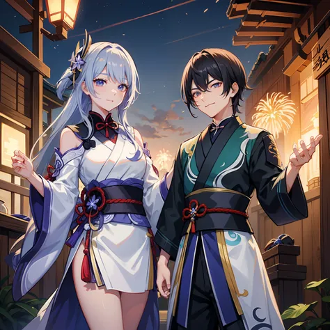 Raiden Shogun and Yoimiya, Genshin Impact, night, seeing fireworks, smiling, cute