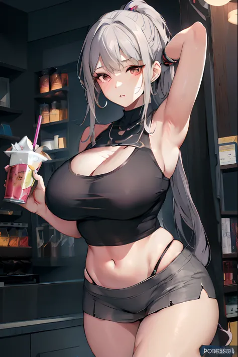 Anime - Imagen de estilo de una mujer con un top gris y pantalones cortos negros, seductora chica de anime, small curvy loli, anime girl drinks energy drink, con una bebida, Thicc, [ Arte digital 4K ]!!, Obras de arte al estilo de Guweiz, Artgerm extremada...