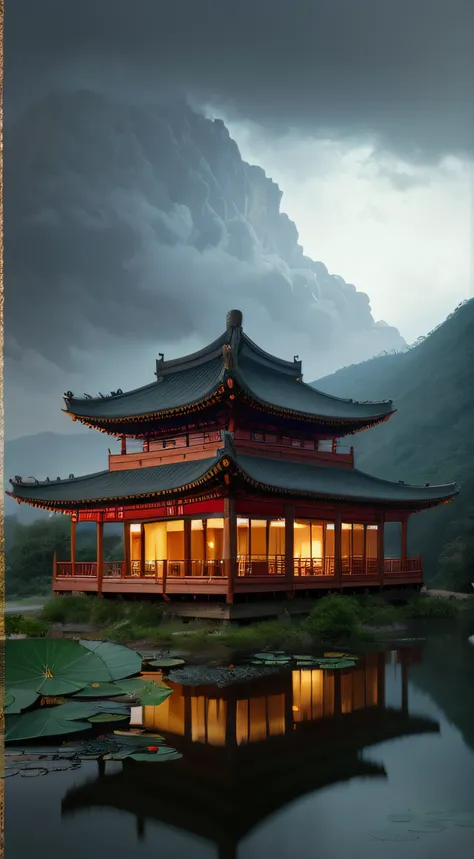 violent storm，dark stormy clouds，snow mountains，Chinese architecture，water，Lotus，High detail，lightand shade contrast，hyper HD，tmasterpiece，winning artwork，Best quality at best，A high resolution，16k