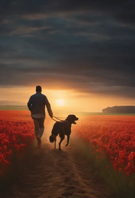 Draw a picture of the rising sun，horizon, a man is running with his dog, a ploughing field is behind them.