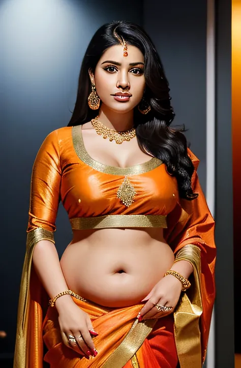 a two pictures of fat women in gold and orange saris standing next to each other, black hair, jewelry, 1girl, breasts, earrings, navel