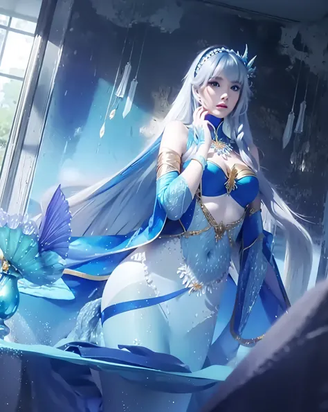 white long hair, wearing blue aqua dress elegant with gold line, glare, the stomach is open, Mermaid horn headband, like goddess, photorealistic, masterpiece