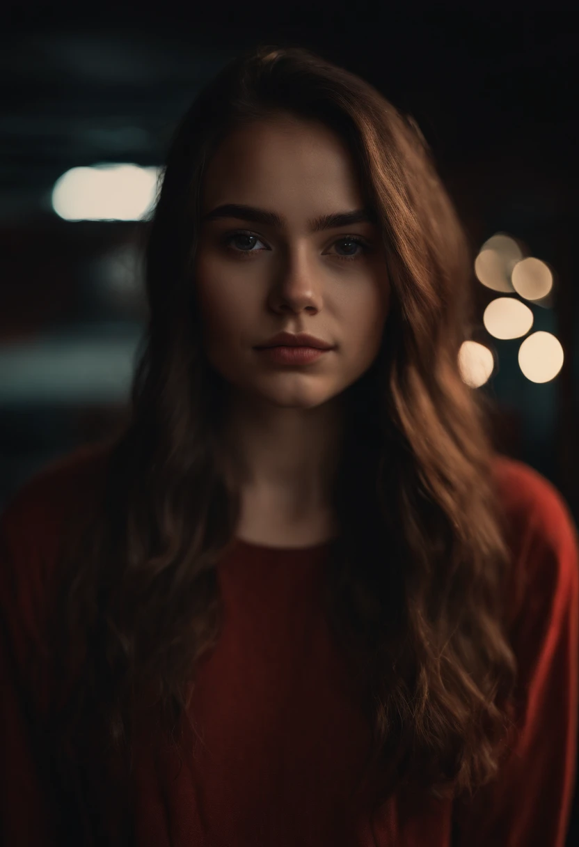 a 20 yo woman,long hair,dark theme, soothing tones, muted colors, high contrast, (natural skin texture, hyperrealism, soft light, sharp),red background,simple background,