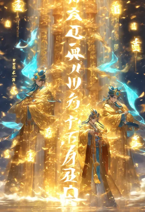 1boys，An ancient Chinese scholar，(Book in hand:1.5)，(Transparent glowing golden Chinese characters hovered in midair:2)，Vertical text，glittery，(Scholar in blue robes:1.5)，Long flowing hair flutters in the wind，brunette color hair，16k, hyper HD, high resolu...