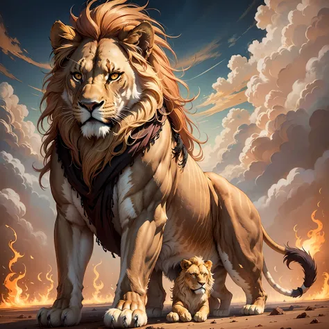 Burning clouds, male lions, golden mane, mighty, slaughter wolves, background steppe, real, --auto --s2