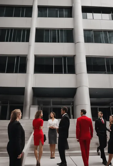 Average group of men and women in red and black or white and black, or beige and red business attire standing in front of a downtown office building