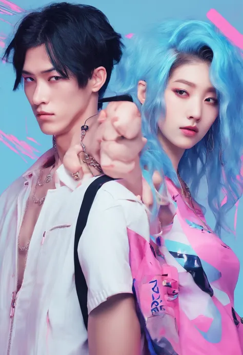 ((Male and female couples)), Idol Photos, Magazine covers, Photos of actors, Professional Photos, Height difference, tall male, Happiness, youthfulness, extra detailed face, detailed punk hair, very detailed character, inspired by Sim Sa-jeong, Cai Xukuns,...