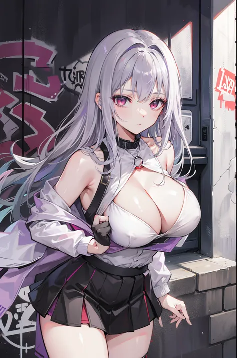 4k画质，Highest high resolution，Gray-purple bangs，Red eyes，20yr old，woman，Graffiti walls，street corner，short  skirt，blackstockings，God perspective，Clear face，Detailed eyes，cleavage，