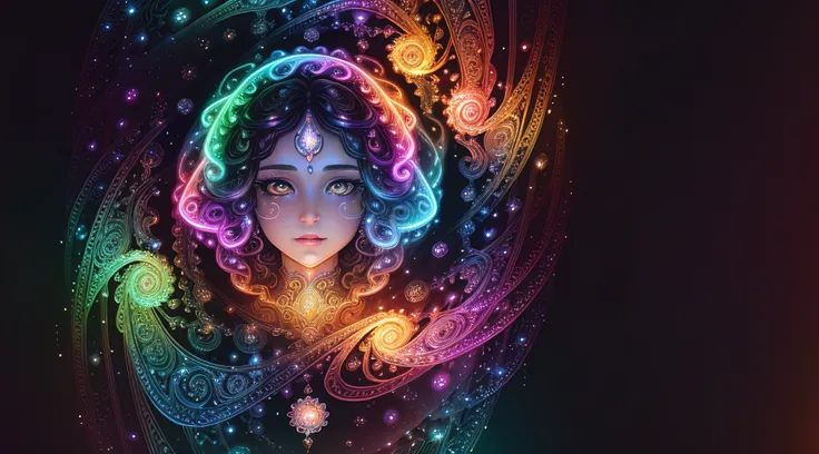 background made of artdecoAI, tangled and twisted, iridescent braided ribbons, fractal energy waves spiral around a soul vessel, glowing plasma particles in nebula before a crystalmandala, foreground is a beautiful woman with a delicate face and pretty det...