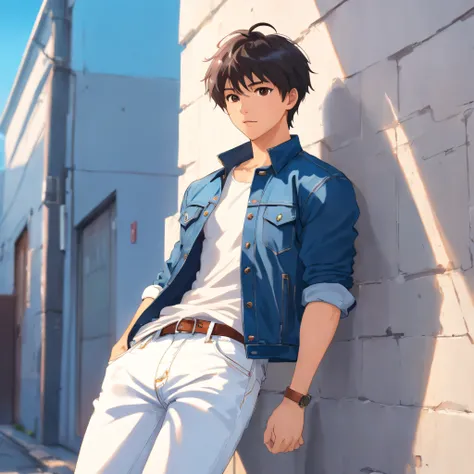 Alafed male model in white jeans and denim jacket leaning against wall, Korean Male, Jinyoung Shin, korean muscle boy 2 1 years old, model with attractive body, Cai Xukuns, taejune kim, male model, siwoo kim, inspired by Joong Keun Lee, Hyuntae, inspired b...