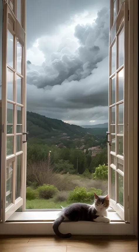 violent storm，dark stormy clouds，floor to ceiling window，sofe，fireplace，baby cats，A plant，the woods，hilltop，High detail，lightand shade contrast，hyper HD，tmasterpiece，winning artwork，Best quality at best，A high resolution，16k