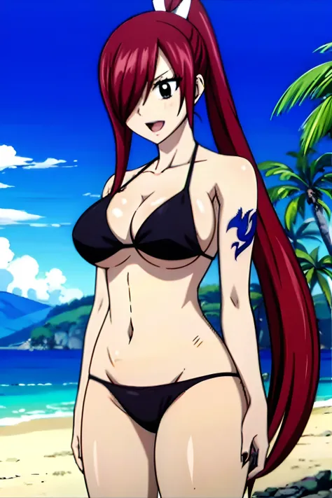 masterpiece, anime style, beach, best quality, highres, fairy tail, 1girl, long hair, ponytail, reddish hair, (bang cover one eye, one hidden eye, brown eye), large breasts, collarbone, midriff, black bikini, standing, outdoors, smile, open mouth, emo hair...