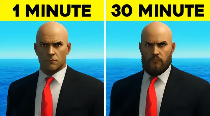 There are two pictures of a man with a beard and suit, rostos ultra realistas precisos, Fortnite realista, assassino de aluguel, rostos extremamente realistas, rosto detalhado preciso, 3rd person game, rostos ultra realistas, rostos extremamente afiados, r...