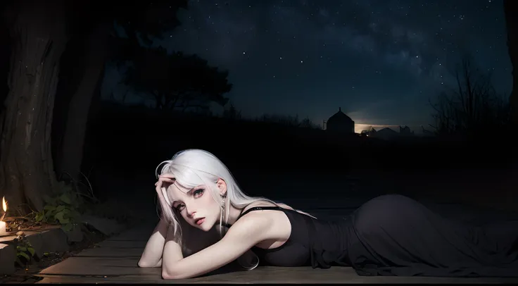 girl, black metal, transparent eyes, woods, starry night sky, joyaux, perdition, nuit, white hair, emaciated body, lying in a tomb, detailled face