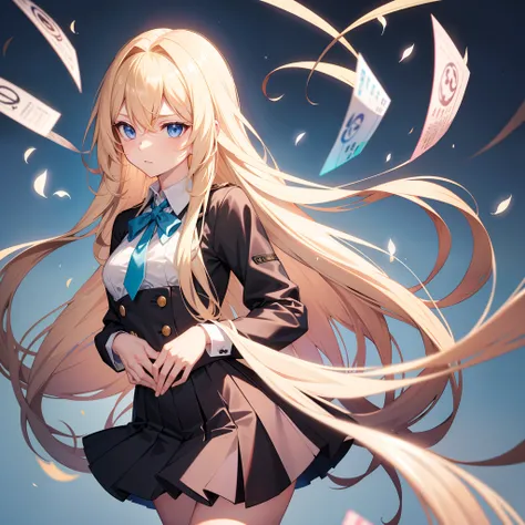 Long blonde hair and chest，Long hair is scattered and fluttering，Spirit blue eyes，Wearing a pale pink school uniform，a black skirt，Stuck with the issuing card，Roll up one sleeve，sneering