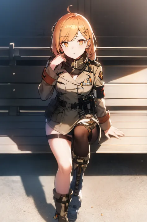 orange eyes light, richly faded light long orange hair, anime 1girl, brown military boots, khaki jacket , (good leg:1.1), (best ...