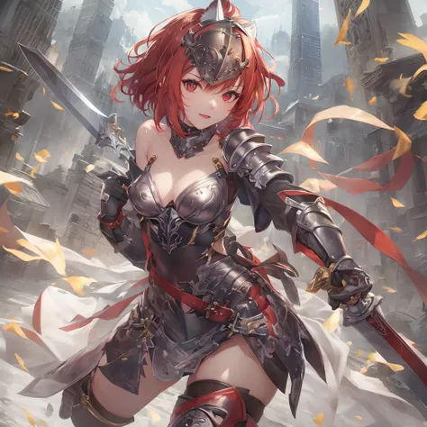 (masterpiece:1.3) extremely detailed, best quality, ((extremely detailed CG)), wolf ears, wolf tail, solo, 1girl, bare shoulders, bodysuit, boots, young girl, clothing, scarlet red hair, sky red hair, short hair, side locks, bangs, elbow gloves, footwear, ...