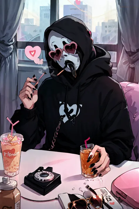 Ghostface Baller, solo, 1boy, holding, male focus, heart, nail polish, window, mask, phone, sunglasses, cellphone, black nails, holding phone, cigarette, drinking straw, smoking, heart-shaped eyewear