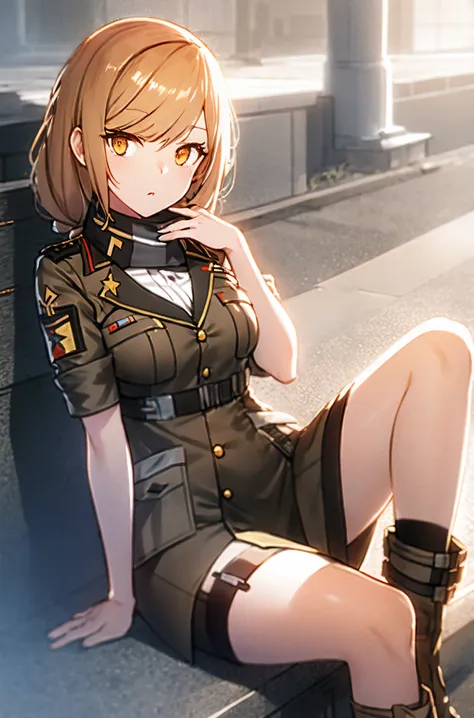 orange eyes light, richly faded light long orange hair, anime 1girl, brown military boots, khaki jacket , (good leg:1.1), (best ...