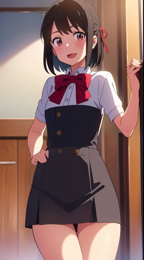 shinkai makoto, kimi no na wa., 1girl, bangs, black hair, brown eyes, solo, short hair, red headband, red bow, red ribbon, looking at the viewer, blush, cute, smile, open mouth, :D, indoors, virgin killer outfit, high-waist skirt, standing