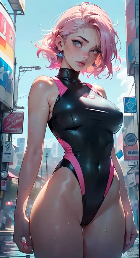 sporty girl,(((1girl))),((girl with bubblegum pink hair and freckles,extremely cute and gorgeous)),

(large breasts:1.4),saggy breasts,(((bubblegum pink hair:1.35,straight hair,long hair:1.4,colored inner hair,ear breathing))),((((heterochromia:1.5,eye1 pi...