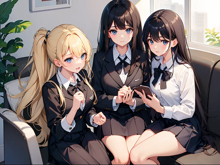 ((Best quality)), (three girls:two black haired, one blonde), school uniform