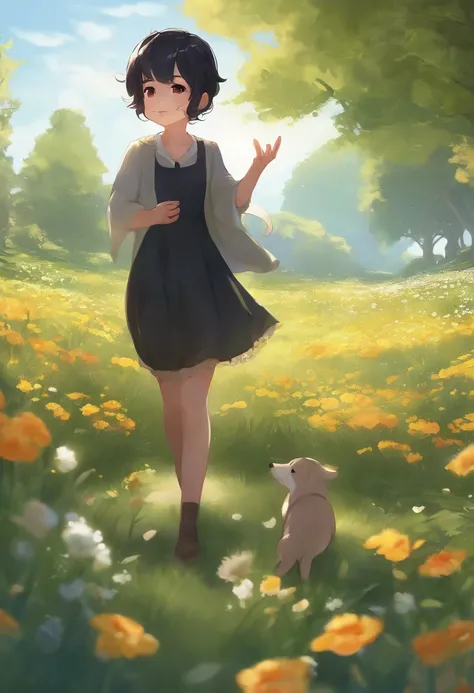 masterpiece, best quality, in spring, sun, in a meadow, sky, game_cg, chibi, solo, short hair, black hair, ahoge, hand_to_mouth, Dental implant