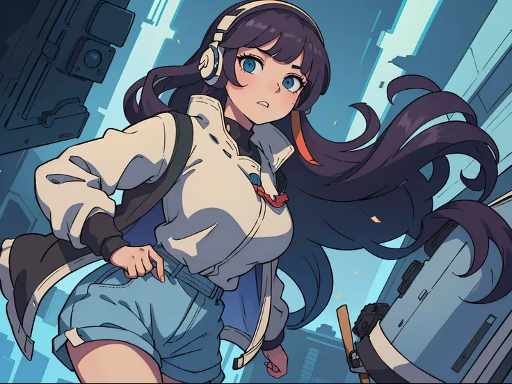 ((Best quality, 8K, Masterpiece: 1.4)),((Amazing detail: 1.3)),((illustration, Hairstyle Casual: 1.2)),((high resolution: 1.1)), 1girll, masked, headset on head, Tactical coat, Fashionab, Soft light, Colorful, Turn Back, anime big breast, Depth of field, C...