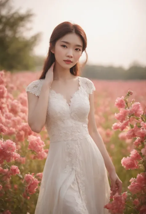 a 20 yo chinese girl in a field of fantastic flowers, an amazing combination of colors, close-up, cut lace dress, 4k, cinematic lights, hyper realistic, hyper detailed, real life, Sony Alpha α7, photorealistic, photoshoot --v 5.2