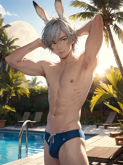 man, man, man, (showing armpit:1.3), illustration style, cute boy, silver hair blue-eyed rabbit ears, bikini swimsuit, solo, rabbit ears, rabbit ears, morning moon, leisurely, sunny morning sun, pool relaxation, gaming pool, inflatable float, carefree atmo...