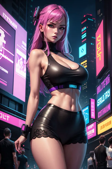 In cyberpunk cities，neonlight，advertising billboard，Beautuful Women，Bigchest，The body is slender，Wear a sports vest，lace panty。