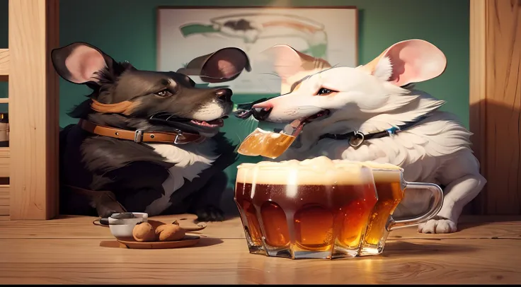 Dog and mouse drinking beer