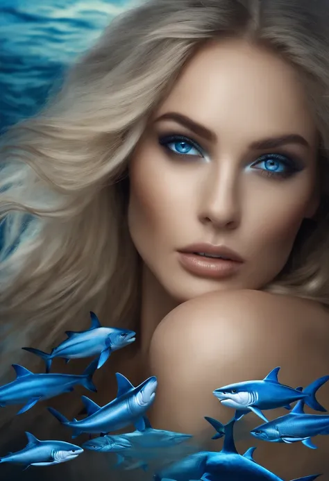 Blue sea，Schools of fish and sharks，A beautiful woman with blue eyes，Long flowing hair，Enchanting、Sexy babes