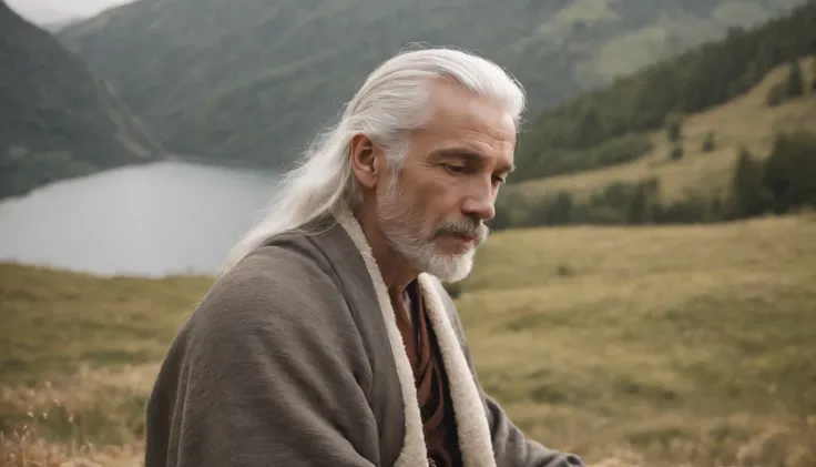 photo of an inspiring setting full of Italian mountains, with a man on his back meditating, natural white hair, ultra sharp focus, photo realistic, medieval mens clothing, tetrahedral colors (scar:1,4)