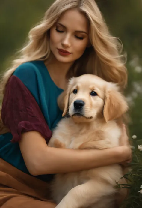 blonde, holding a golden retriever puppy