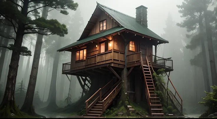 Overcast skies and strong storm in the forest, A treehouse with damp rain roof and stairs, Wet vegetation, and some trees around