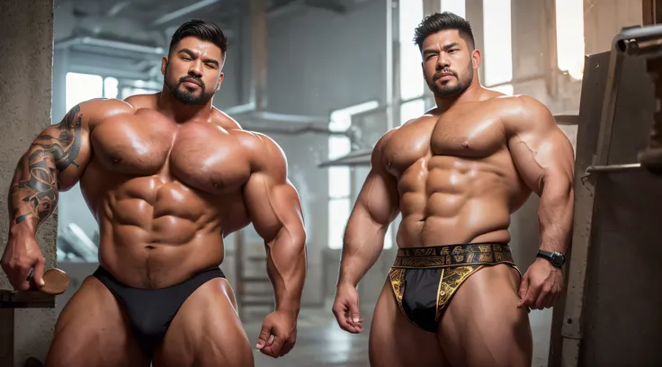 Very handsome，Chinese blacksmith，In blacksmithing，short mustache，Wear bright gold thongs，Perfect figure with tattoos, Very huge and strong body, Bulging muscles, musculous, Very large pectoral muscles，Very sexy abs，The legs are muscular，Tall and mighty，Exp...