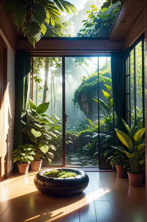 Gaming room, landscape, nature, of a dense jungle filled with exotic plants, beautiful lighting, (masterpiece, best quality, highres, UHD, depth of field, 4k, RTX, HDR), hyper realistic, 8k UHD, DSLR, high quality, Cinematic light, Amazing, ray tracing,