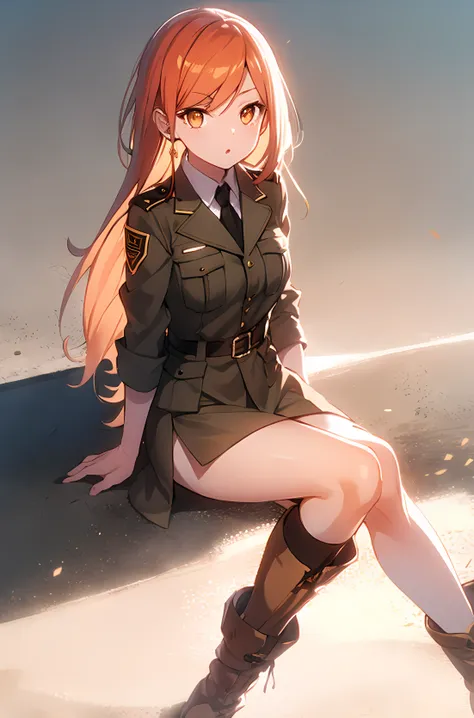 orange eyes light,richly faded light long orange hair, anime 1girl, brown military boots, khaki jacket, (good leg:1.1), (best ha...