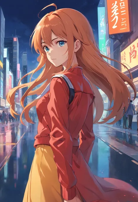 Asuka Langley Soryuu, total body pose, perfect faces asymmetric, femme fatal pose, with wavy long, hair ginger, perfect lips, perfect nose, eyes brow, environmental city; a woman wearing fashionable clothes, camera, , portrait, anime stile 90, realistic dr...