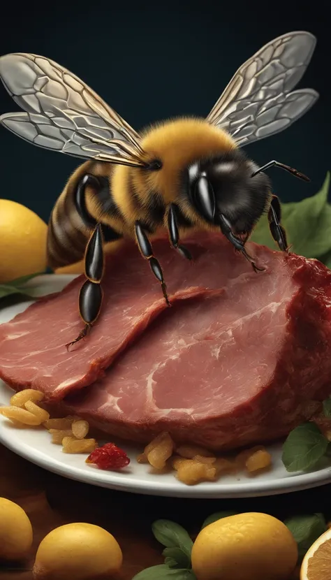 Generate a illustration where bee-like creatures are feasting on slices of meat. Depict these bee-like creatures holding the meat with their tiny legs and enthusiastically devouring it