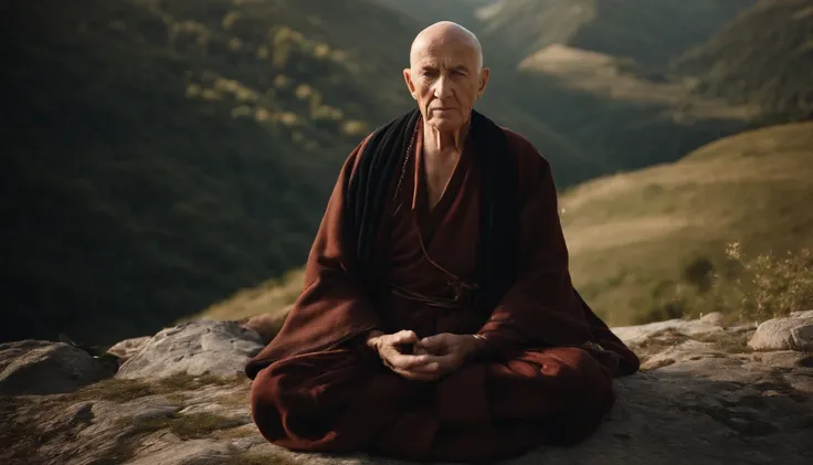 photo of an inspiring setting full of Italian mountains, of a man about 90 years old, bald zen master, on his back meditating, ultra sharp focus, photo realistic, medieval mens clothing, tetrahedral colors (scar:1,4)